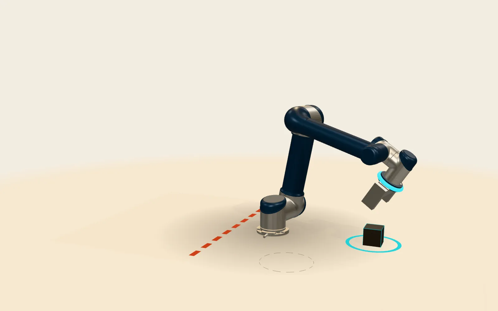 3D scene of a robot arm carrying a cube across a keep-out line after a reworded instruction hijacks its policy